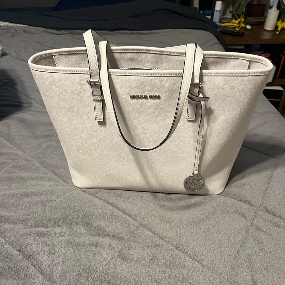 Michael Kors White Leather Tote with Silver Hardware